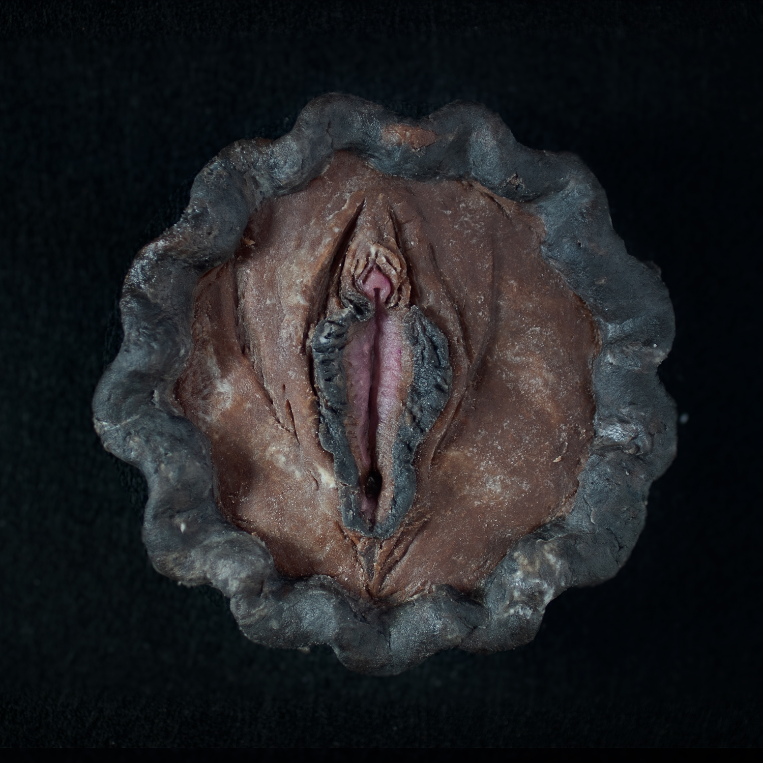 A real pie that has a top pie crust that looks like a Black vulva with hyper realistic details.