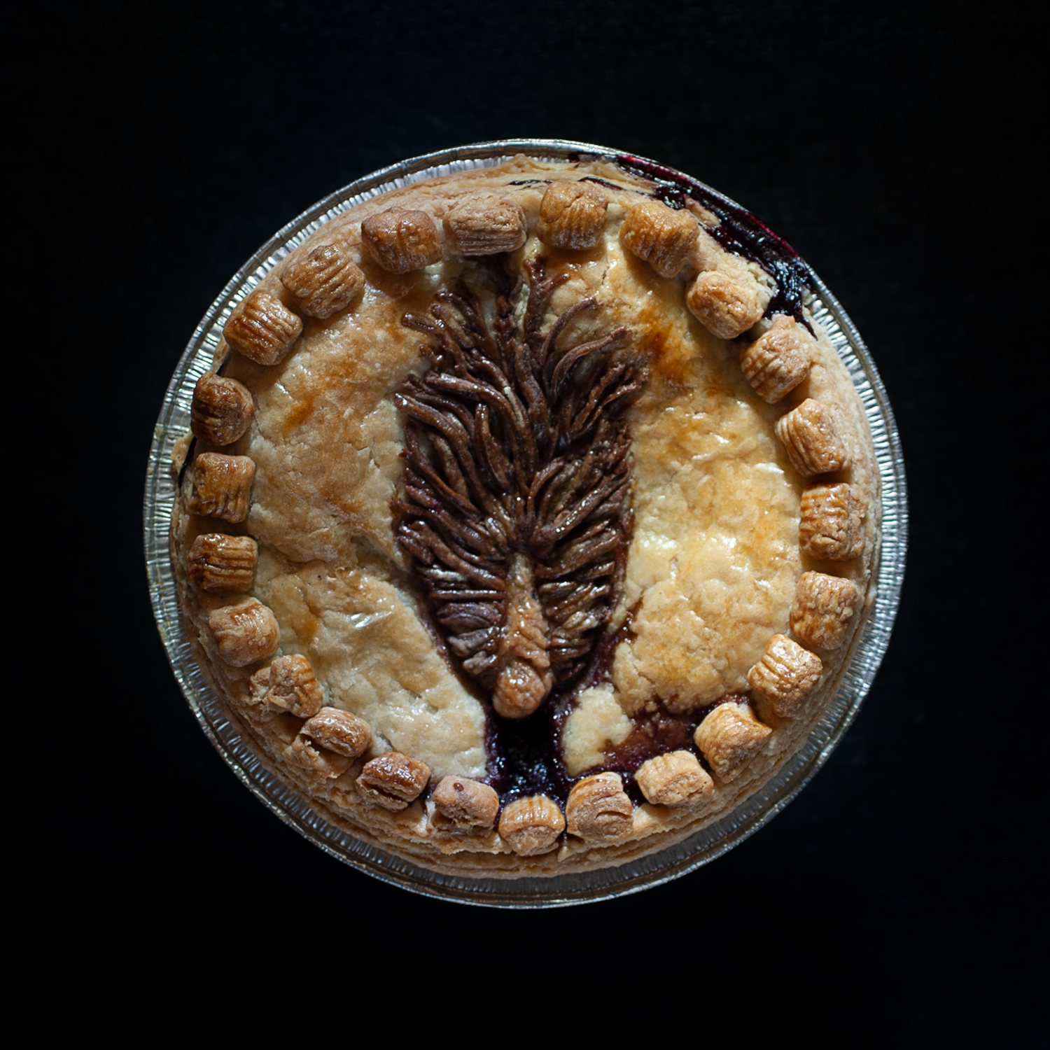 baked cherry berry berry pie with a pie crust art that looks like a realistic vulva with brown pubic hair.