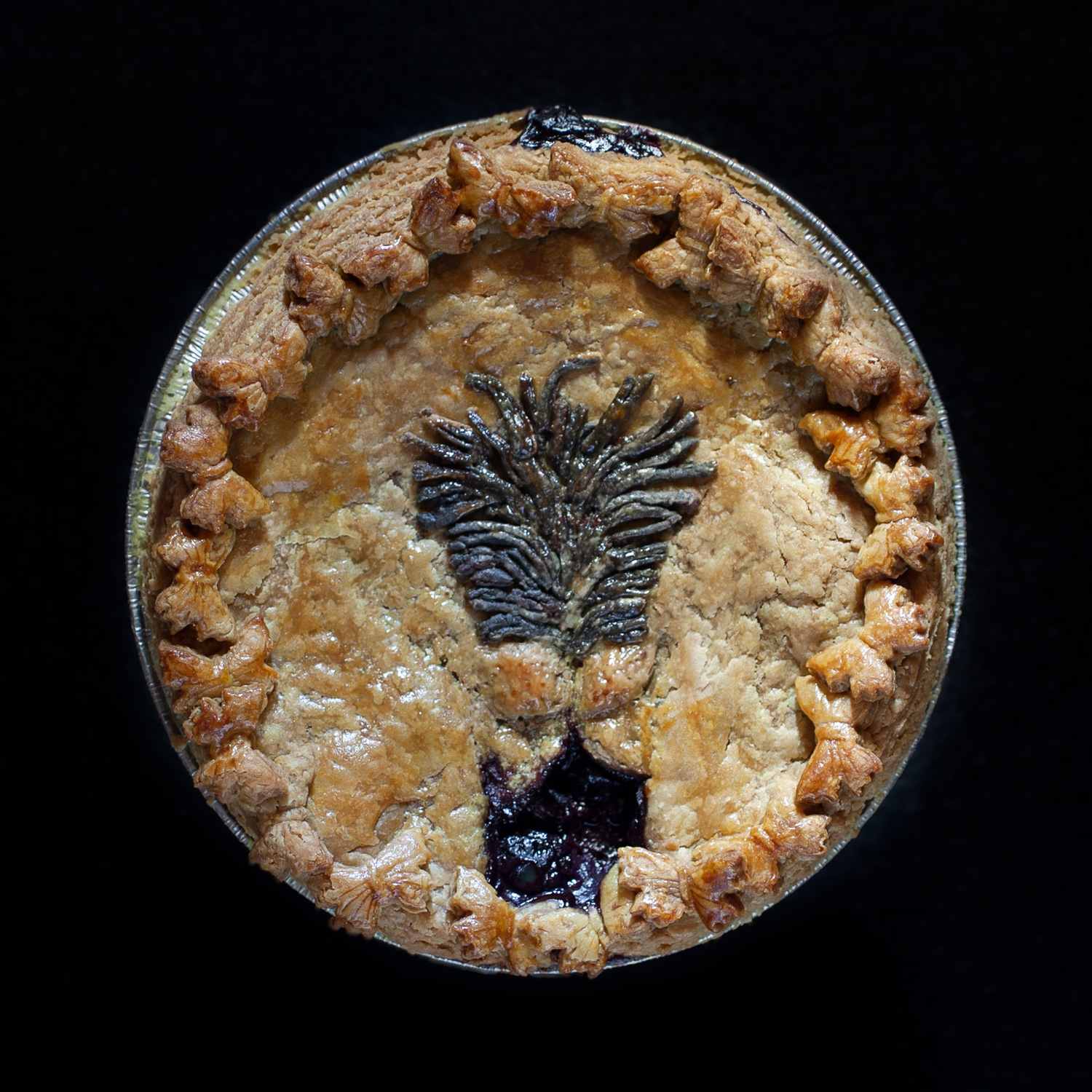 baked six inch cherry berry berry pie with hand sculpted pie crust art made to look like a vulva with exposed labia majora and brown, pubic hair