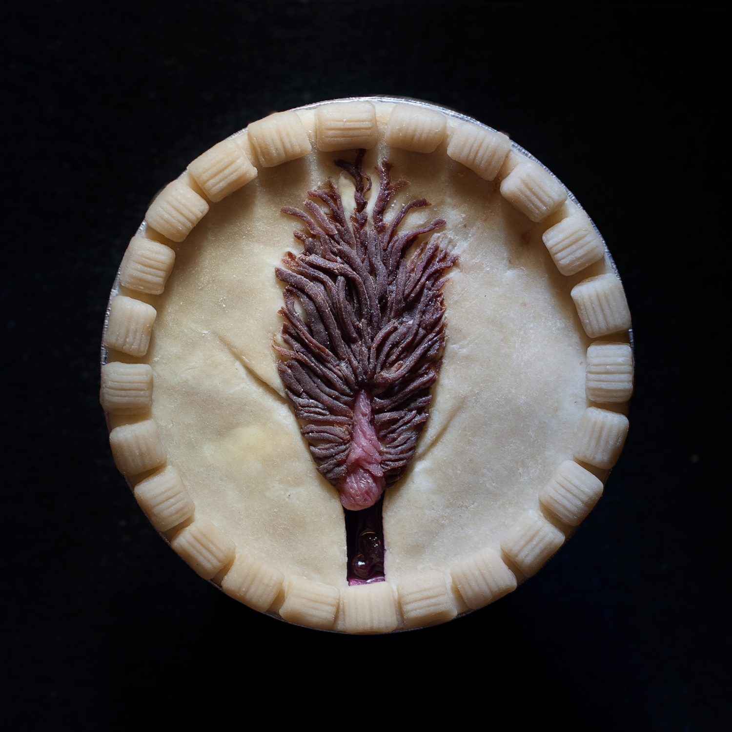 Unbaked cherry berry berry pie with a pie crust art that looks like a realistic vulva with brown pubic hair.