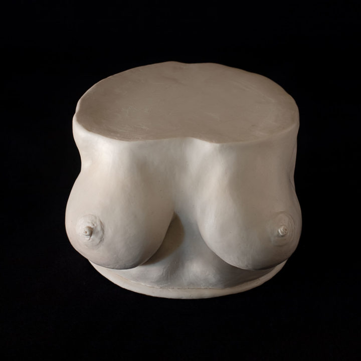 6 inch cake covered with white modeling chocolate, it is a frontal view of breasts