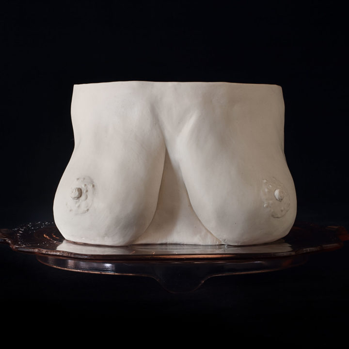 A chocolate cake, covered in modeling chocolate, hand sculpted to look like realistic full sized breasts.