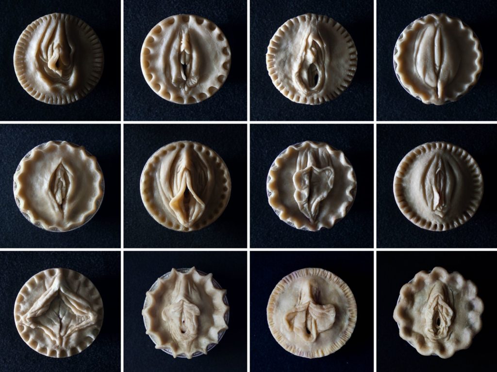 12 images of raw vulva pies, each image is a hand sculpted vulva pie made of real pie crust made by Pies in the Window. 