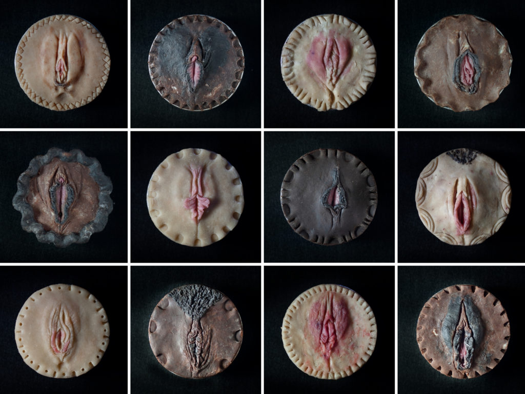 3 Rows of vulva pie art made to look like human vulvas of different races with diverse vulvas.