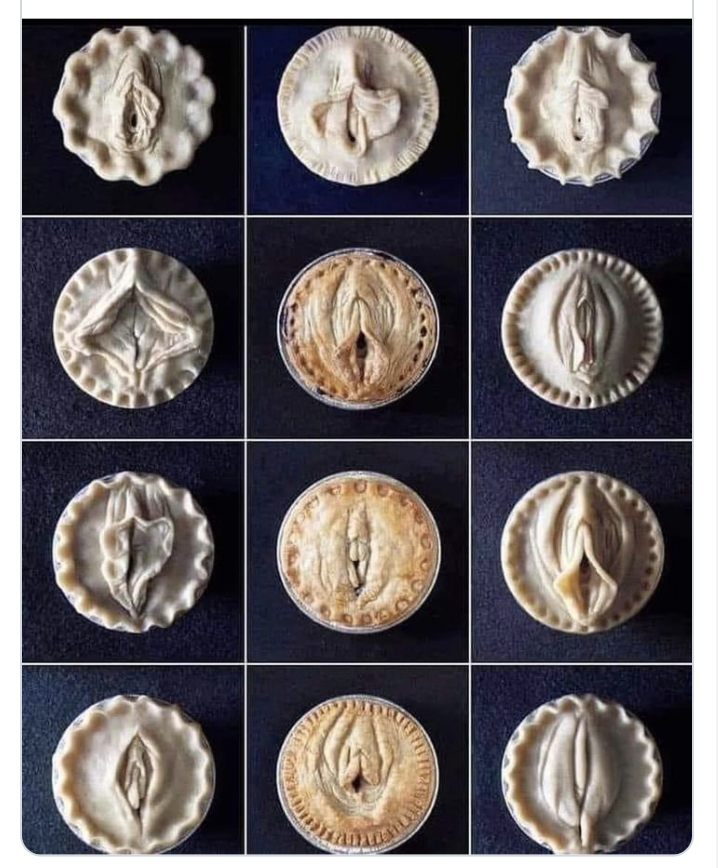 A screenshot of 12 vulva pies on black backgrounds taken from Pies in the Window's Instagram grid. Each pie has a hand sculpted vulva.