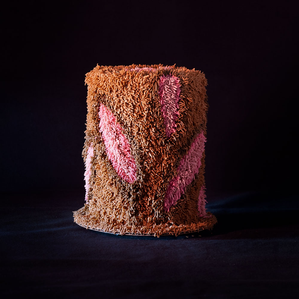 8 inch tall shag cake decorated with vulva art and pink, peach, and brown flesh tones color scheme.