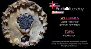 Graphic from #sextalktuesday with an image of a vulva pie with light brown crust and pie crust pubic hair.