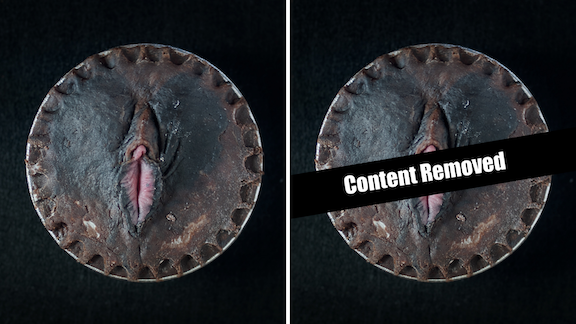Side by side of Pies in the Window Pie 26 that was censored by Instagram. Pie on the left is a vulva pie with pie crust art made to look like a human vulva with pink insides. Pie on the right is the same by with a censorship bar across the image. 