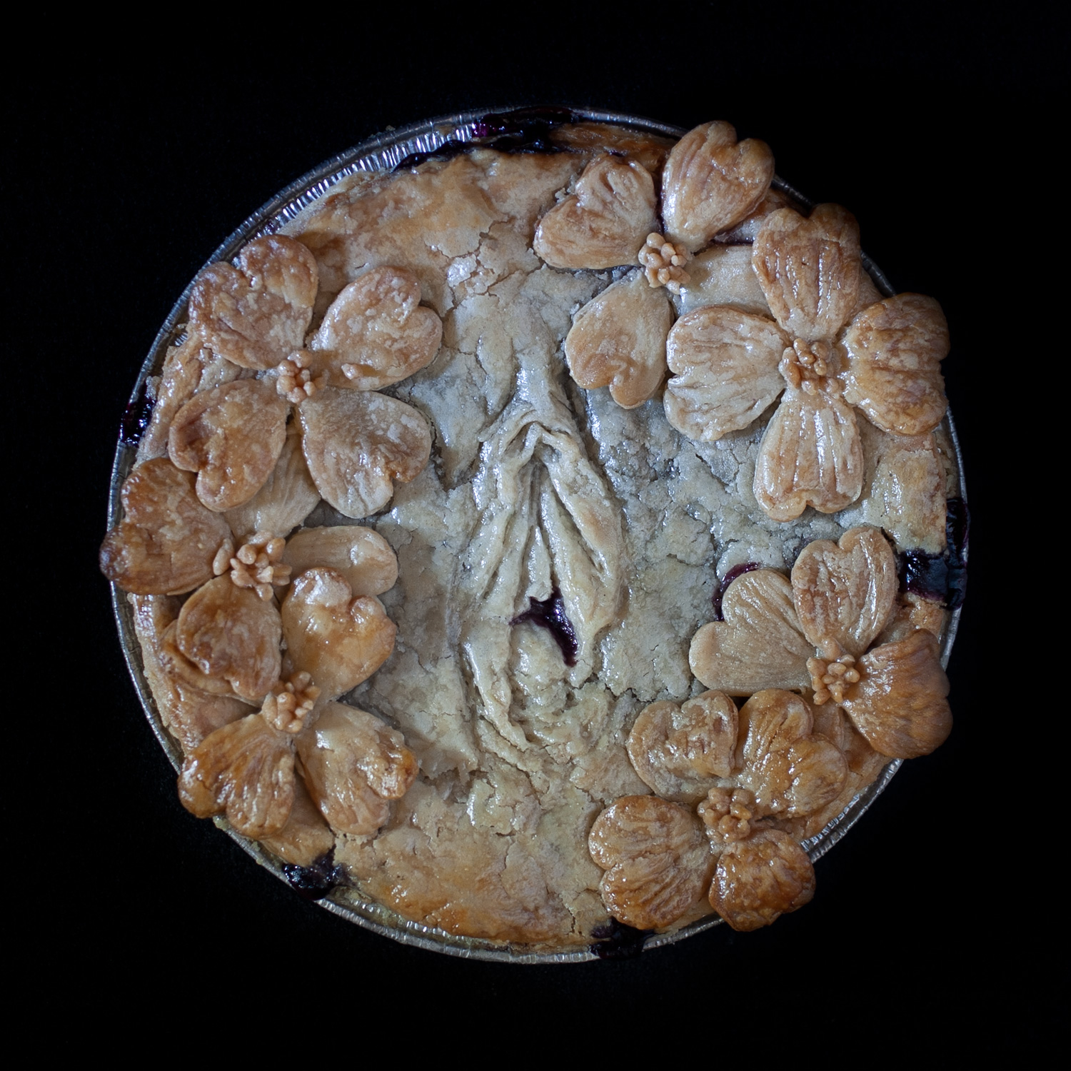 Baked pie on a black background. In the center of the pie is a hand sculpted pie crust vulva surrounded by dogwood flowers made of pie dough.