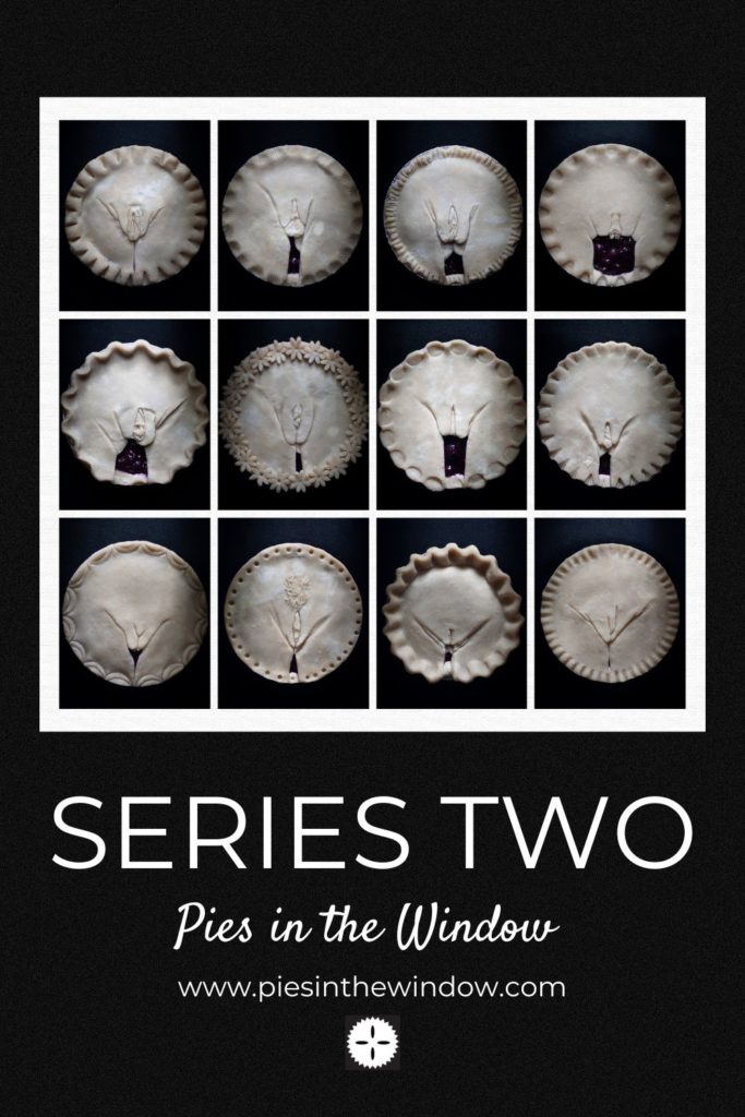 A graphic for Pinterest social Pies in the window showing the 12 vulva pies made for series 2.