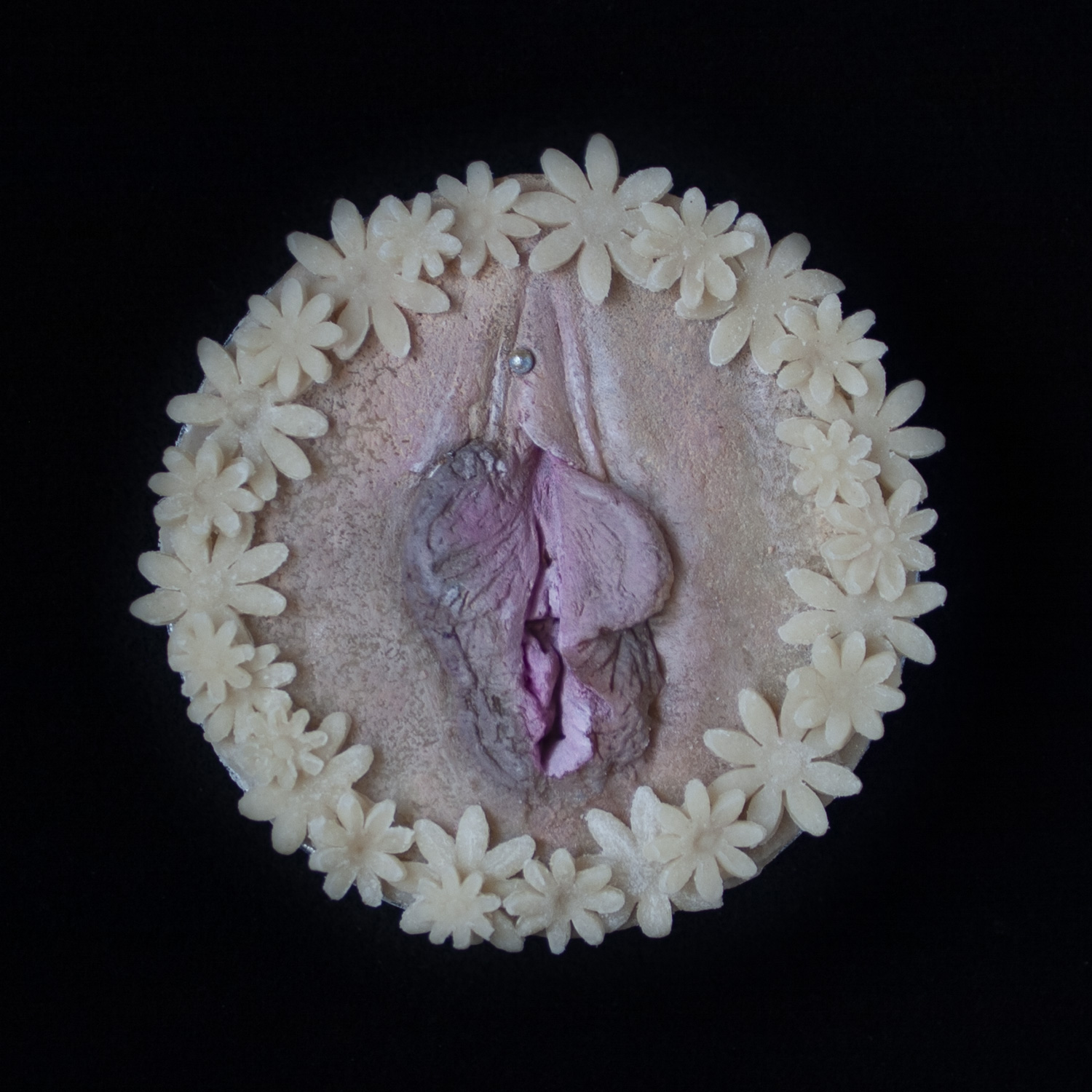 Unbaked hand painted pie on a black background. In the center of the pie is a hand sculpted pie vulva surrounded by pie crust daisies. The Clitoral hood is pierced