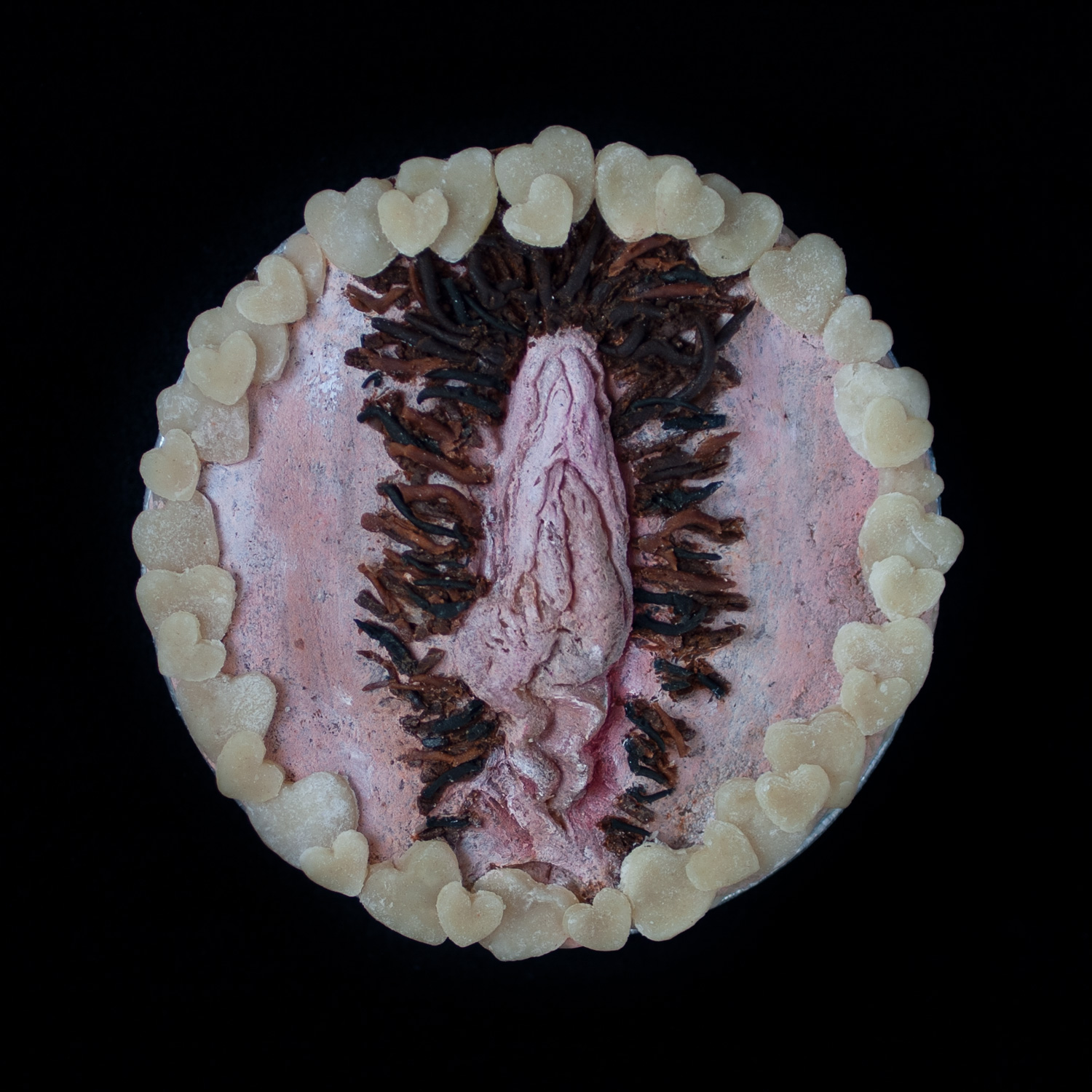 A vulva pie on a black background. The pie has brown pubic hair and is surrounded my pie crust hearts. The vulva art is painted to look like a realistic vulva.