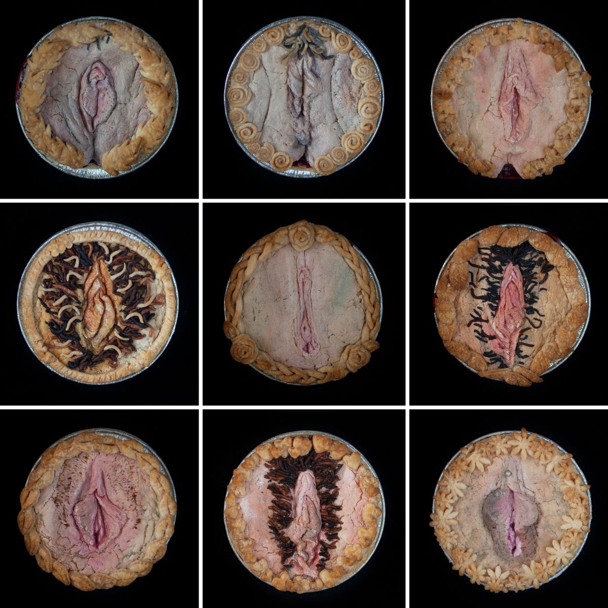 9 baked vulva pies on black background. Each pie has a different, diverse vulva and pubic hair style. 