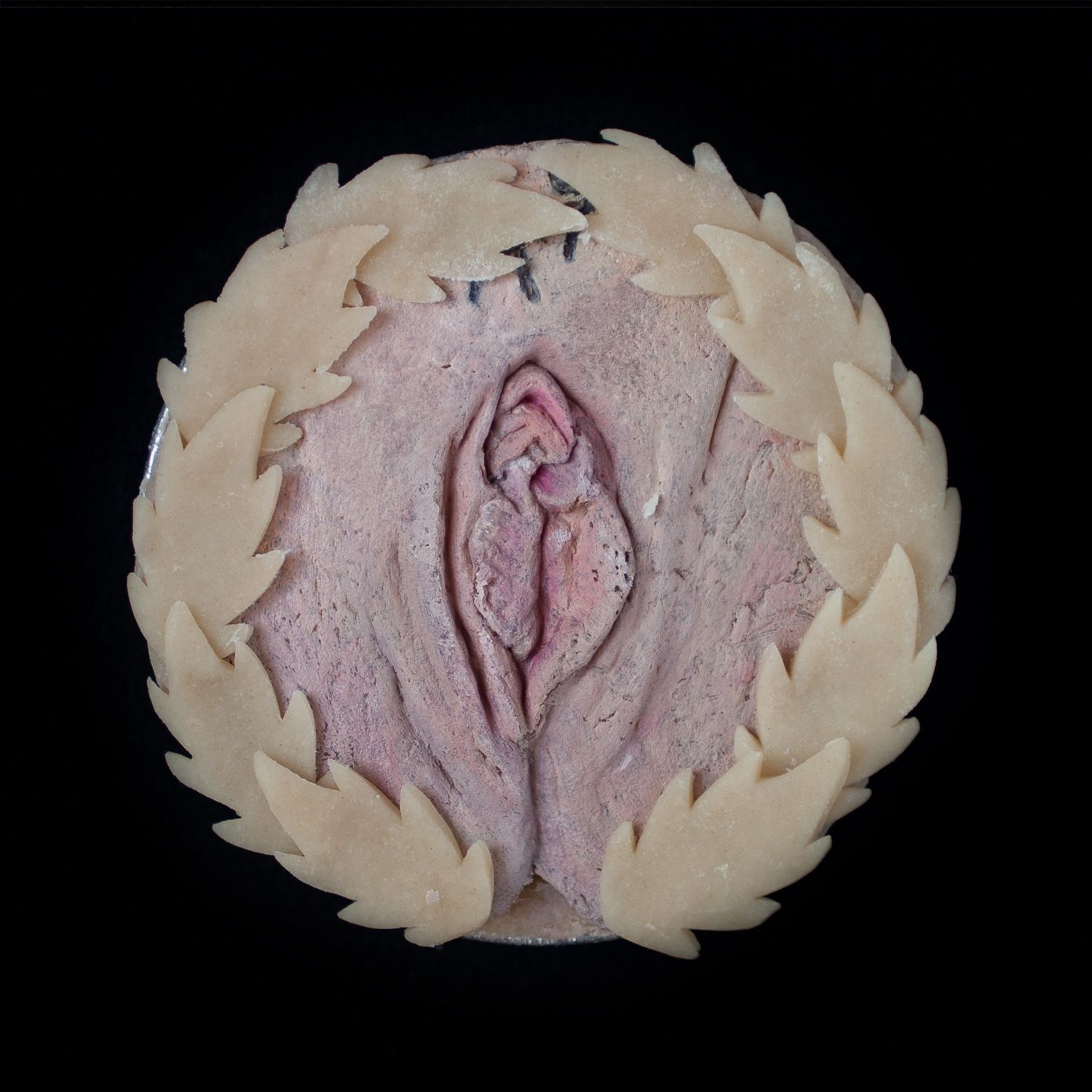 A vulva pie on a black background. The pie is surrounded with pie crust leaves and is painted to look like a realistic vulva. 