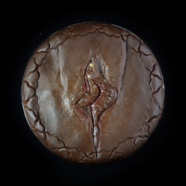 Unbaked vulva pie with cocoa crust on a black background. The pie looks like a human vulva with a pierced clitoral hood.