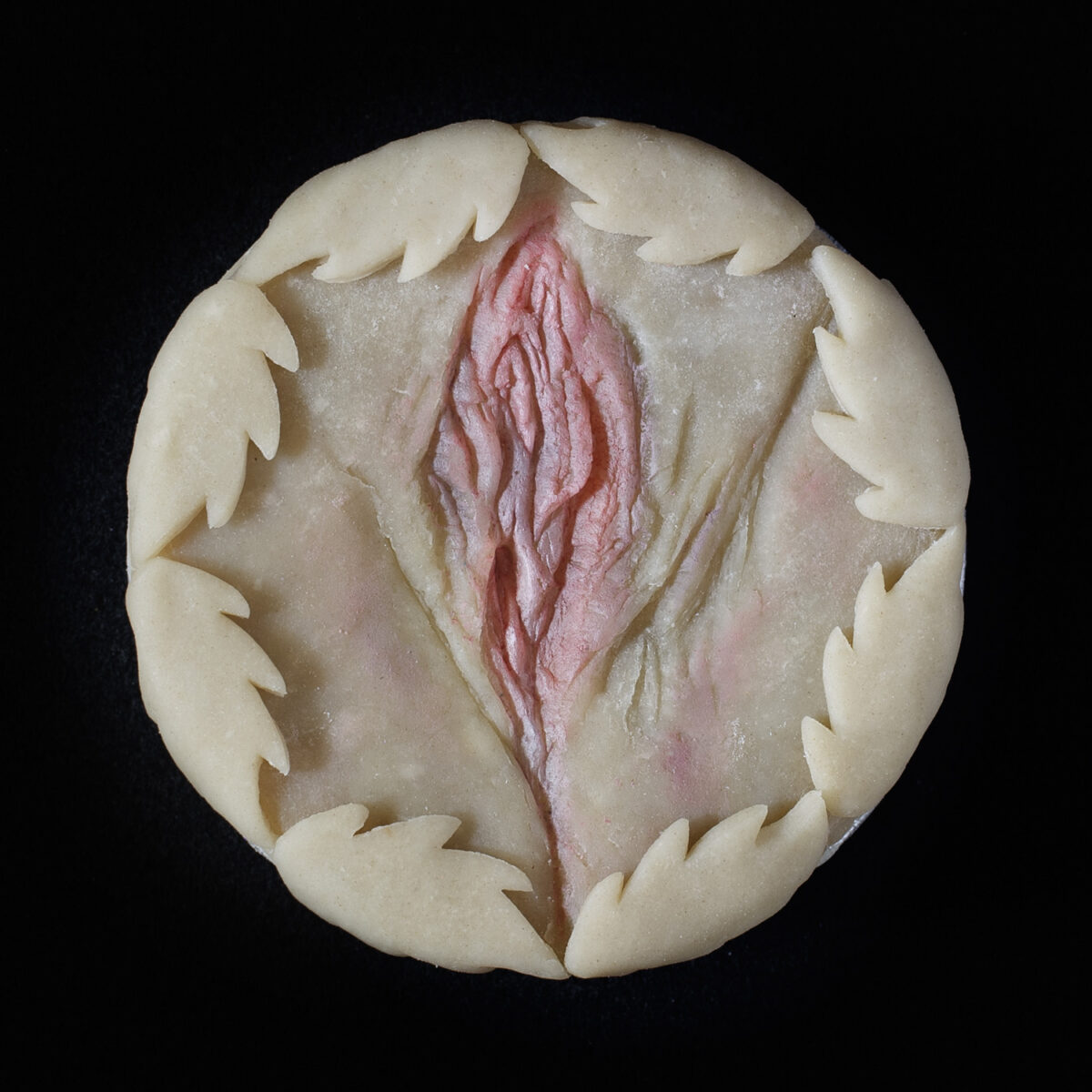 Hand sculpted and hand painted vulva art on a real cherry pie on a black background