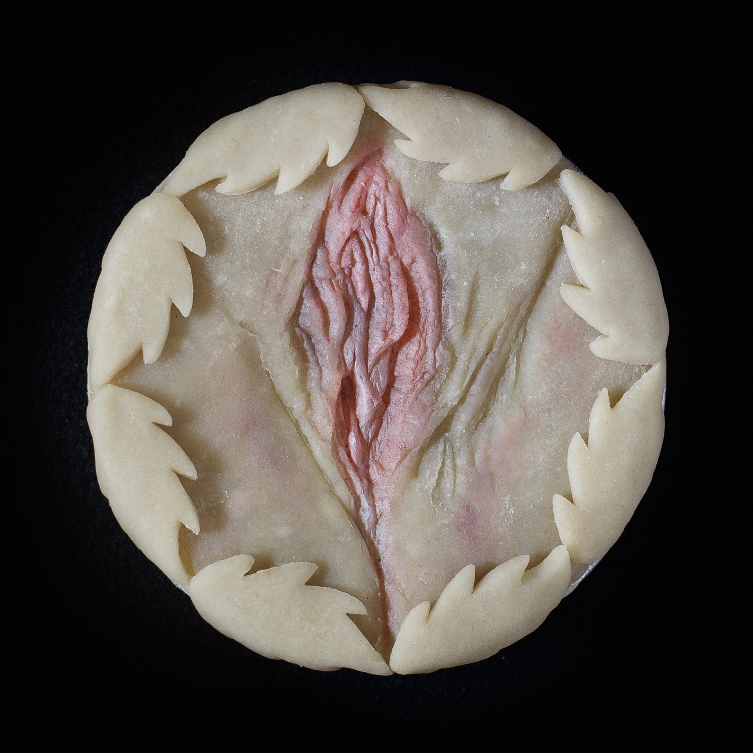 Hand sculpted vulva art on a real cherry pie on a black background