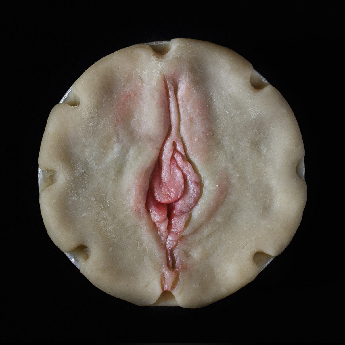 Pie on a black background. The pie art depics a pink vulva