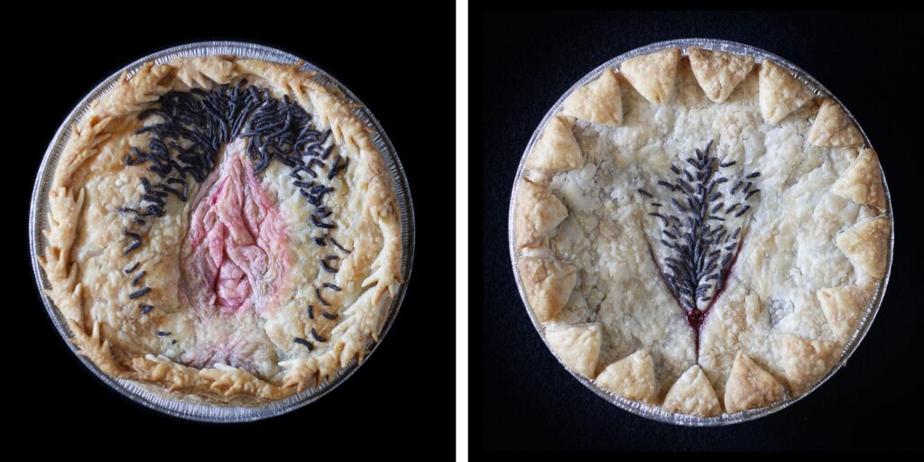 two baked pies on black back grounds made to look like vulvas on the left is the reclining view, on the right is the frontal view