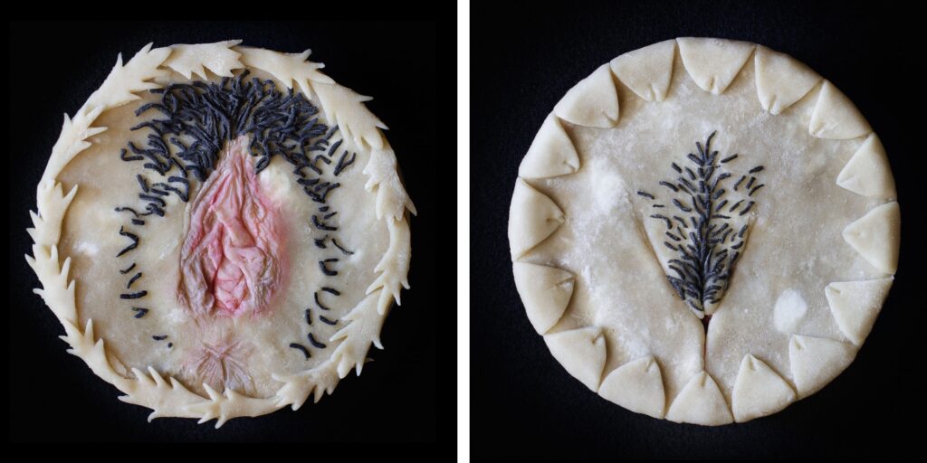 two pies on black back grounds made to look like vulvas on the left is the reclining view, on the right is the frontal view