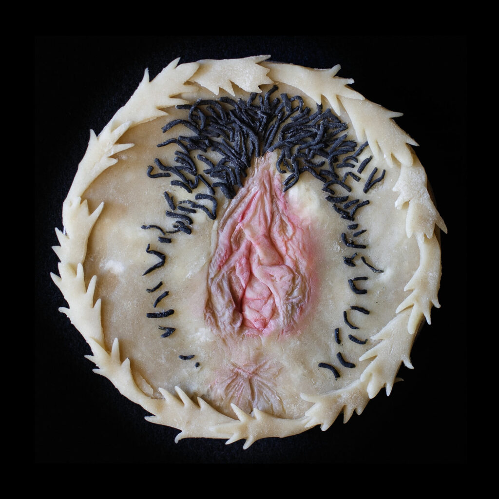 Unbaked version of Pie 73, pie top is decorated with an anatomically correct vulva and hand painted with realistic colors. The pie is on a black background. 
