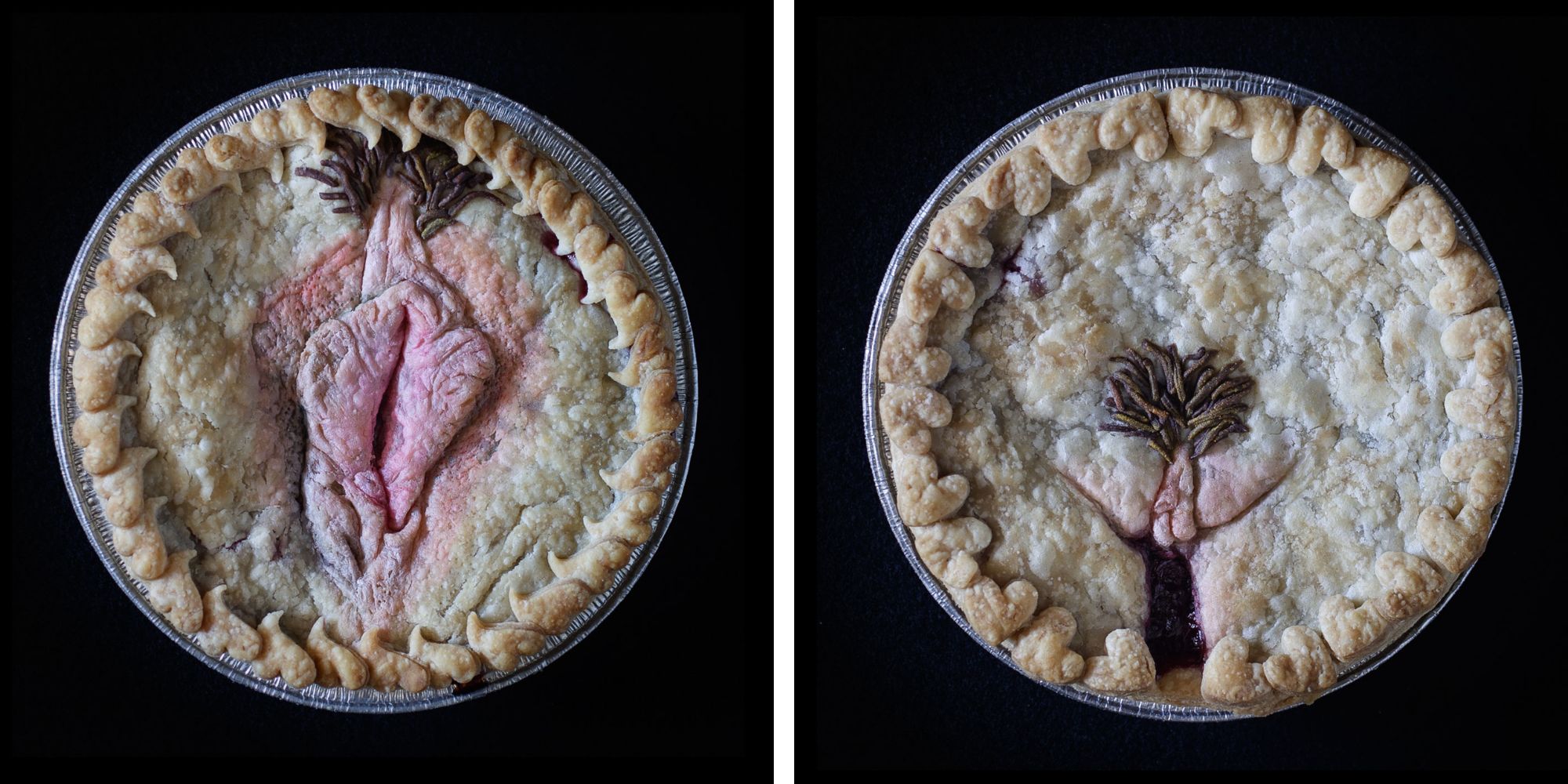 baked versions left side is the reclining view of a human vulva sculpted out of pie dough and the right side shows the frontal view of the same vulva also made into a pie