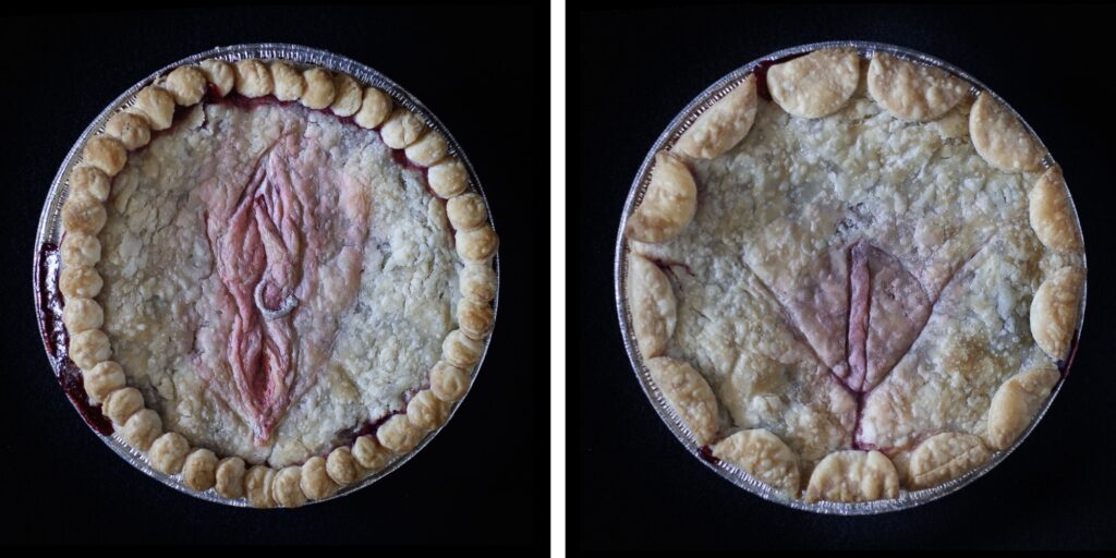 Side by side comparison of two vulva art pies: left side reclining view, right side frontal view