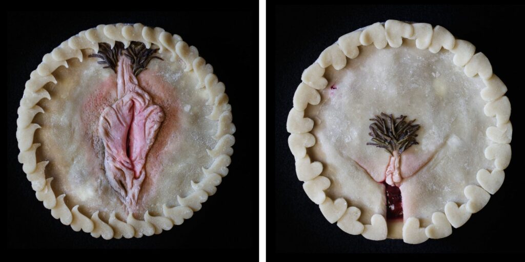 left side is the reclining view of a human vulva sculpted out of pie dough and the right side shows the frontal view of the same vulva also made into a pie