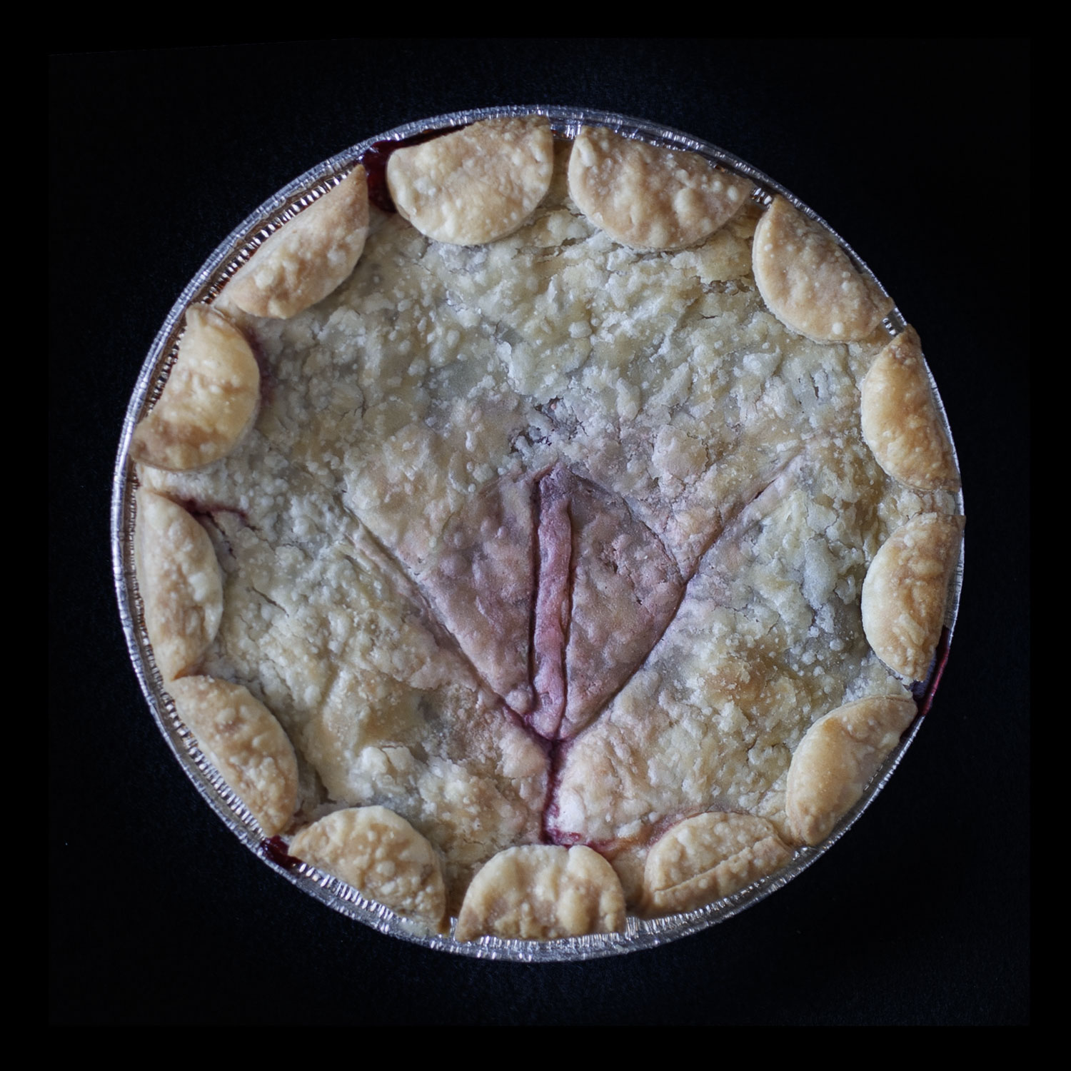 Baked pussy art pie on a black background. Pie has half circles around the border. 