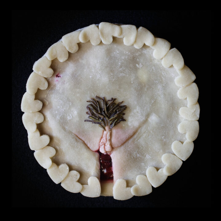 Unbaked realistic yoni art pie surrounded my tiny pie crust hearts for the border
