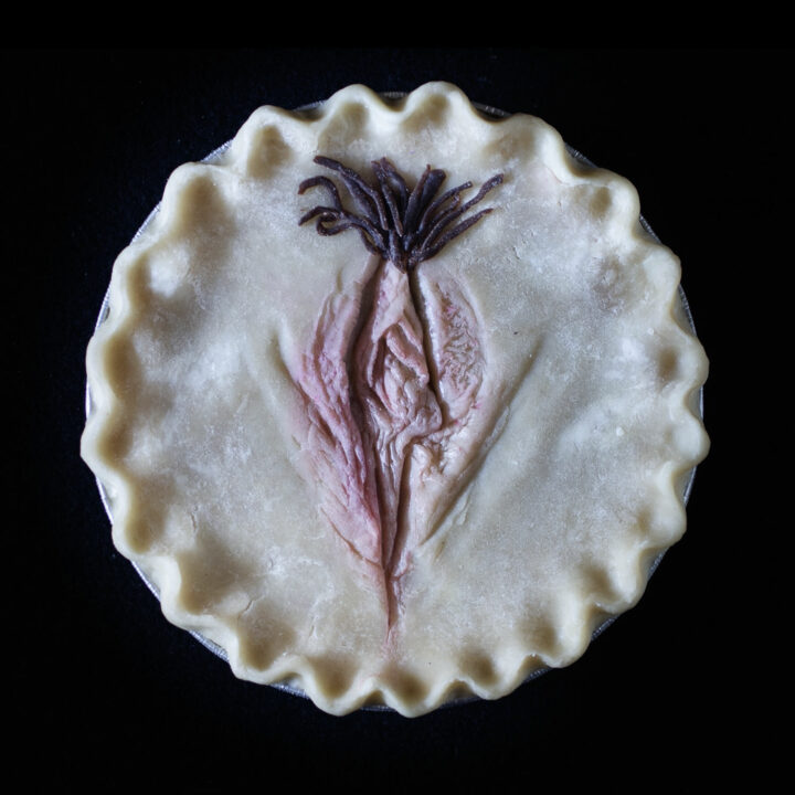 Unbaked pie on a black background with hand sculpted pie crust art made in the image of a vulva with a patch of pubic hair.
