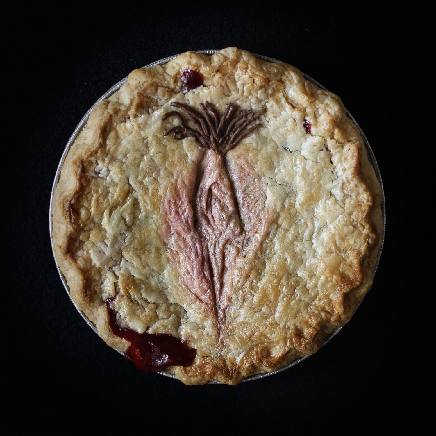 Baked pie on a black background with hand sculpted pie crust art made in the image of a vulva with a patch of pubic hair.