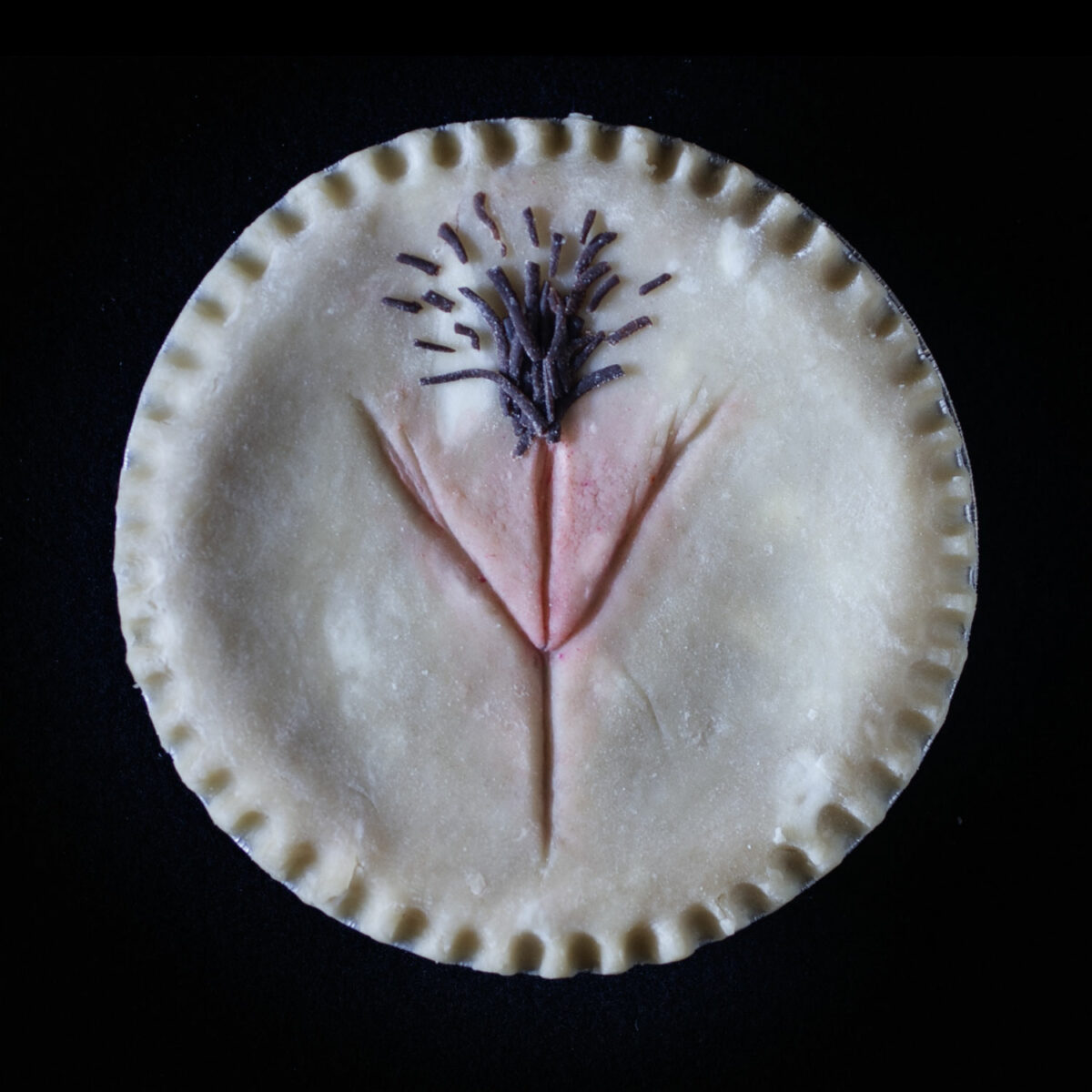 A made from scratch pie with hand sculpted vulva art on a black background