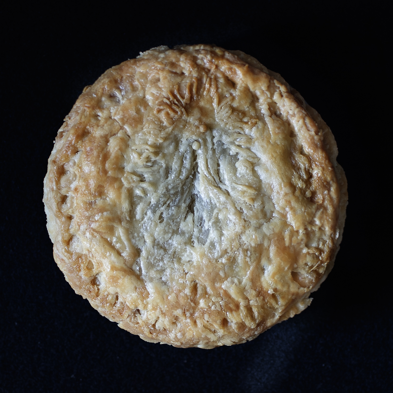 Baked pie with hand sculpted vulva art made for Pies in the Window