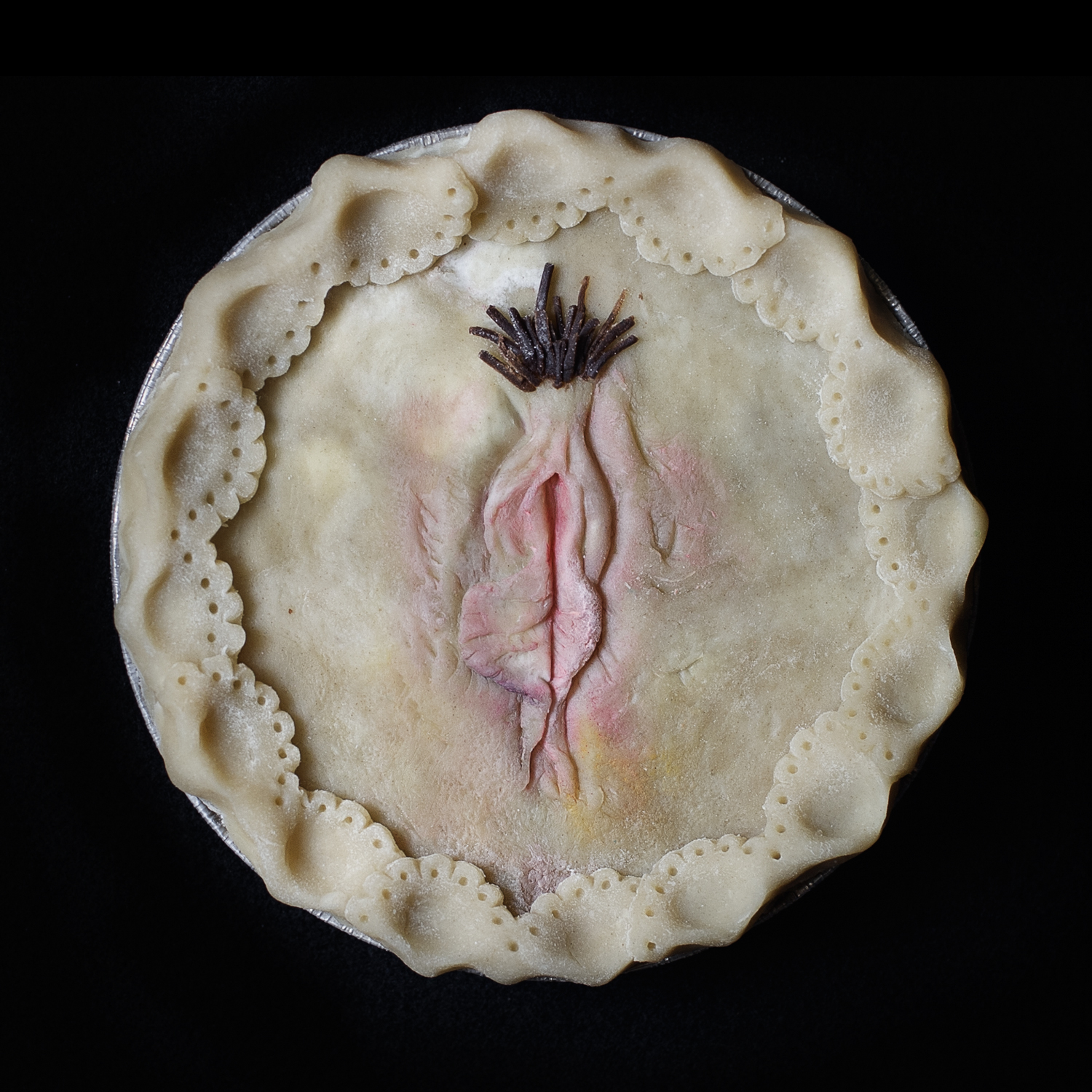 Unbaked pie on black background made to look like a vulva with realist coloring