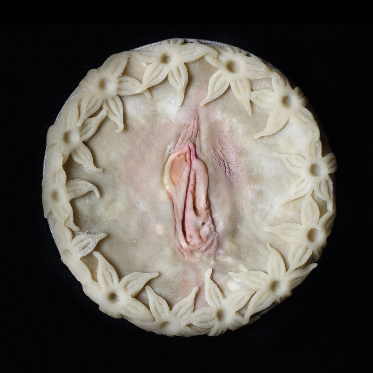 Unbaked vulva art pie with pink genitalia on a black background