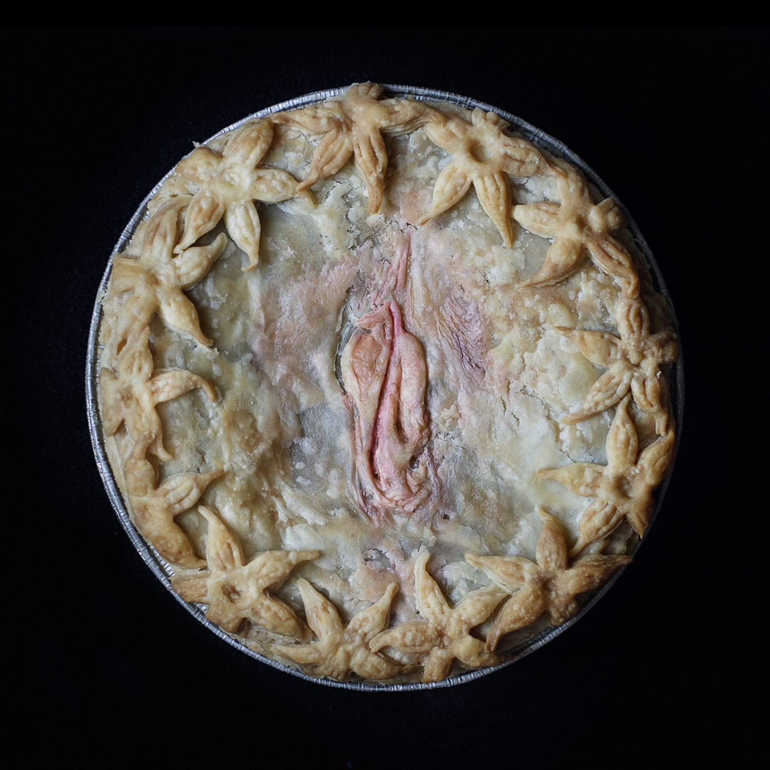 Baked vulva art pie with pink genitalia on a black background